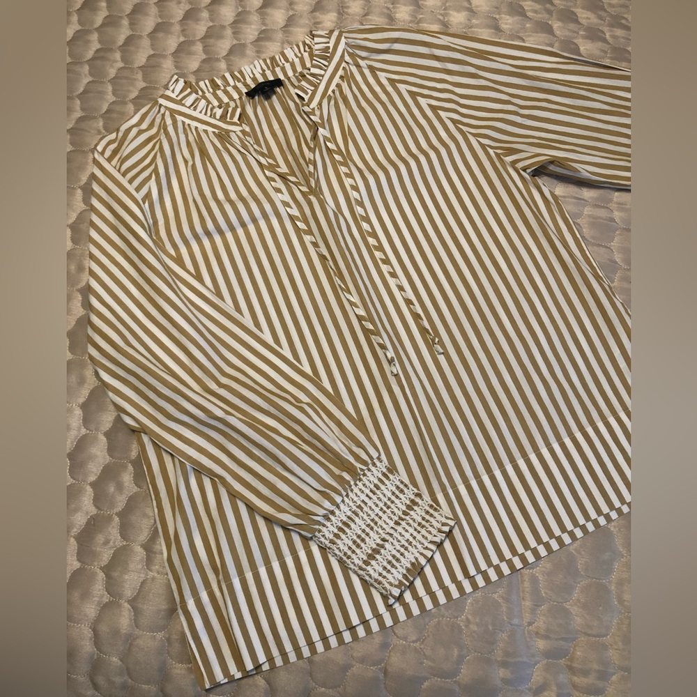 J.Crew Striped Cotton Blouse Small Tan White Smocked Cuff Boho Lightweight Top